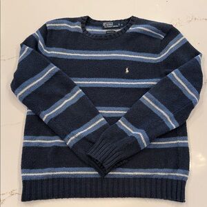 Polo by Ralph Lauren Men's Blue and White Striped Crewneck Sweater